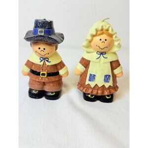 Vintage Pilgrim Boy & Girl Thanksgiving Figural Candle Set Unburned